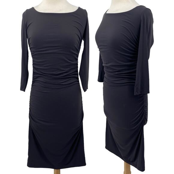 Susana Monaco Dress Ruched Bodycon Long Sleeves Boat Neck Stretchy Grey Womens L - Picture 1 of 8